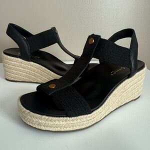 Vionic Calera Espadrille Wedge‎ Sandals Black Leather Women's 6